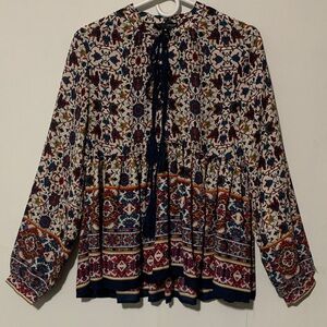 Aqua Floral Patterned Blouse with Navy Accents